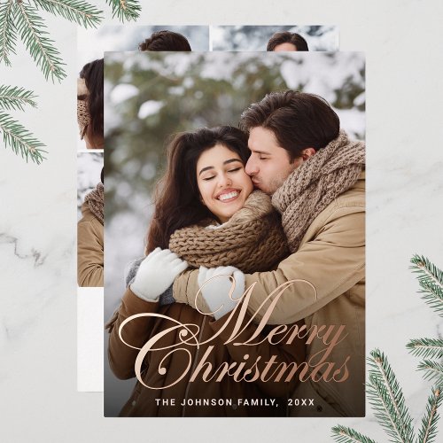 Sparkle Merry Christmas 5 PHOTO Greeting Rose Gold Foil Holiday Card