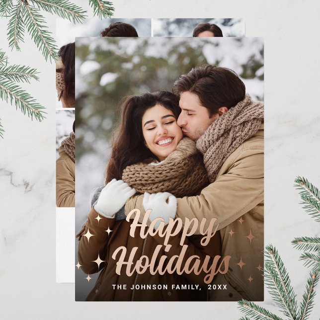 Sparkle Merry Christmas 5 PHOTO Greeting Rose Gold Foil Holiday Card (Customizable Christmas holiday greeting photo card with real foil print.)