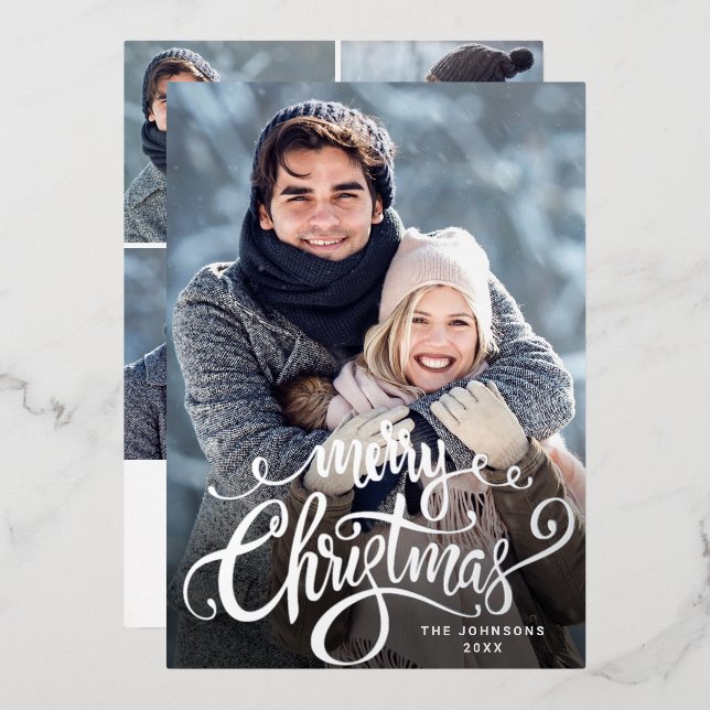 Sparkle Merry Christmas 5 PHOTO Greeting Silver Foil Holiday Card (Front/Back)
