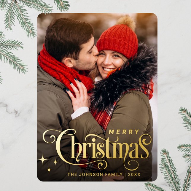 Sparkle Merry Christmas PHOTO Greeting Gold Foil Holiday Card (Creator Uploaded)