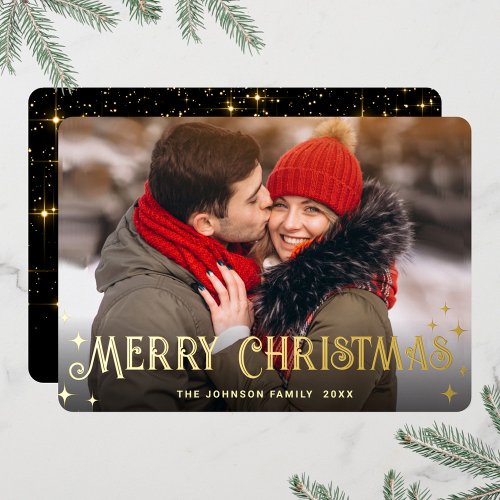 Sparkle Merry Christmas PHOTO Greeting Gold Foil Holiday Card