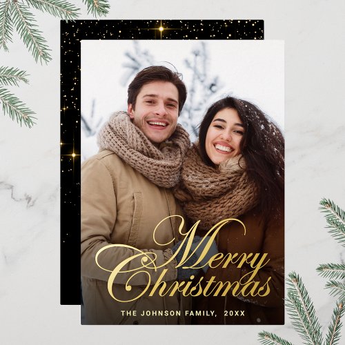 Sparkle Merry Christmas PHOTO Greeting Gold Foil Holiday Card