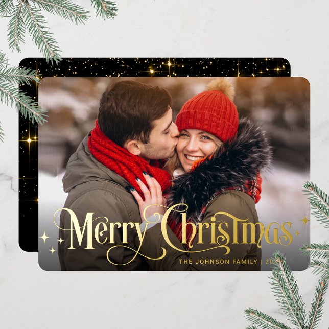 Sparkle Merry Christmas PHOTO Greeting Gold Foil Holiday Card (Creator Uploaded)