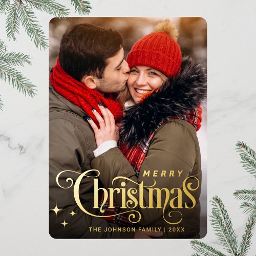 Sparkle Merry Christmas PHOTO Greeting Gold Foil Holiday Card