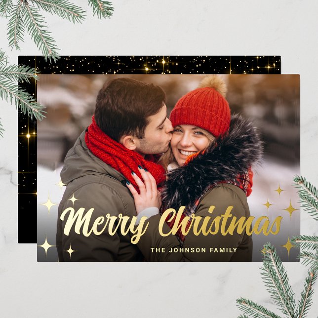 Sparkle Merry Christmas PHOTO Greeting Gold Foil Holiday Card (Customizable Christmas holiday greeting photo card with real foil print.)