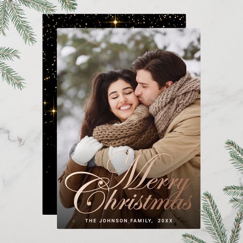 Sparkle Merry Christmas PHOTO Greeting Rose Gold Foil Holiday Card