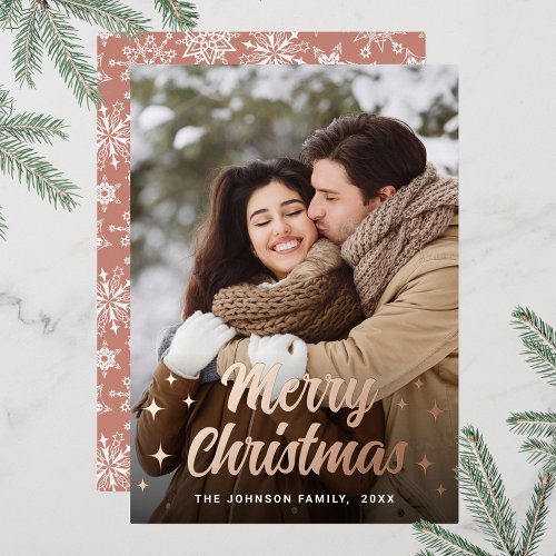 Sparkle Merry Christmas PHOTO Greeting Rose Gold Foil Holiday Card