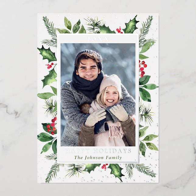 Sparkle Merry Christmas PHOTO Greeting Silver Foil Holiday Card (Front)