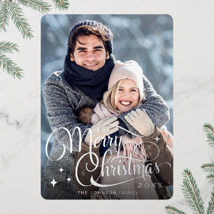 Sparkle Merry Christmas PHOTO Greeting Silver Foil Holiday Card
