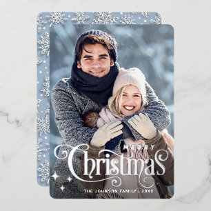 Sparkle Merry Christmas PHOTO Greeting Silver Foil Holiday Card