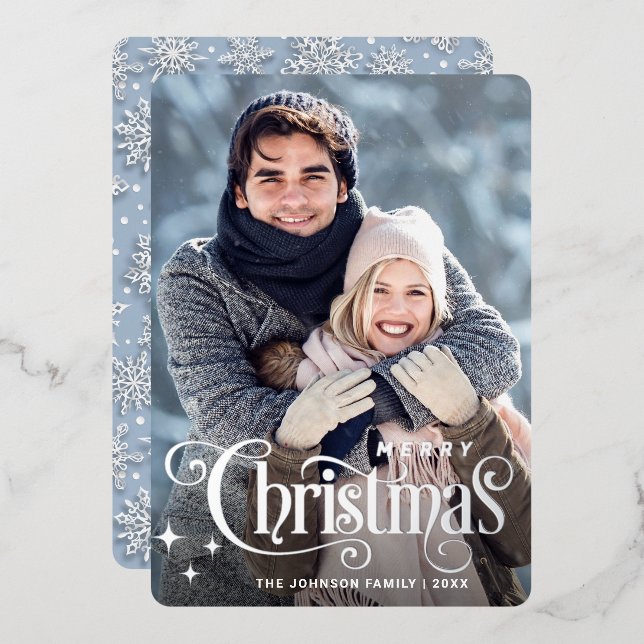 Sparkle Merry Christmas PHOTO Greeting Silver Foil Holiday Card (Front/Back)