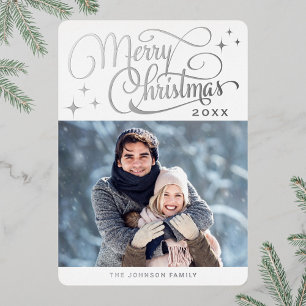 Sparkle Modern Christmas PHOTO Greeting Silver Foil Holiday Card