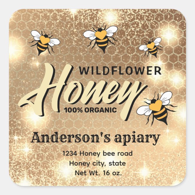 Sparkle modern elegant  honey bees honey jar label (Front)