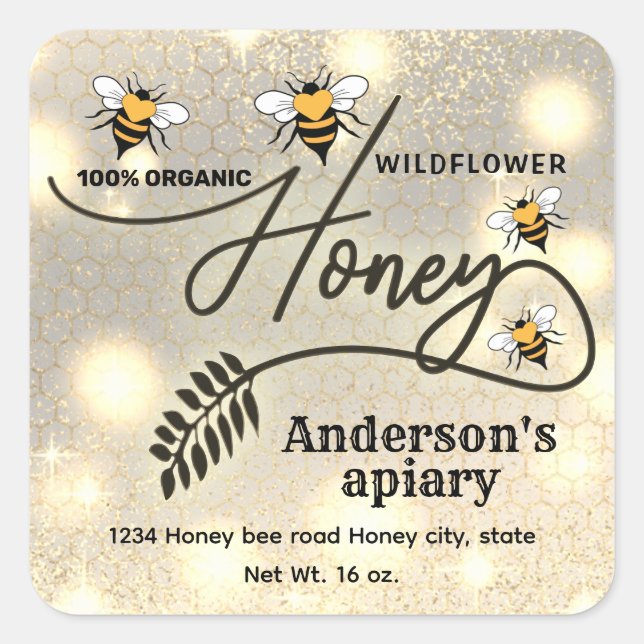 Sparkle modern elegant  honey bees honey jar label (Front)