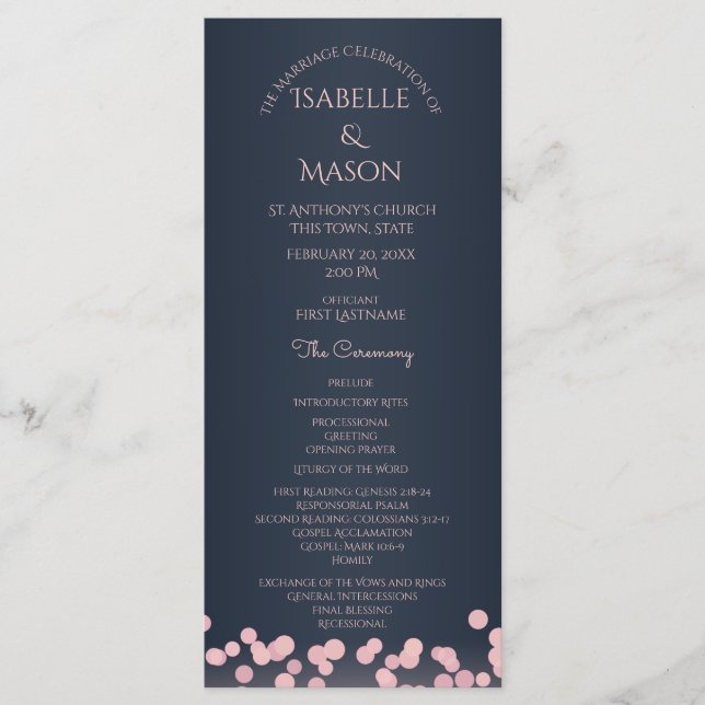 Sparkle Navy Blue and Pink Bokeh Wedding Program (Front)