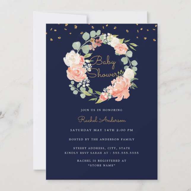 Sparkle Navy Peach Gold Wreath Baby Shower Invitation (Front)