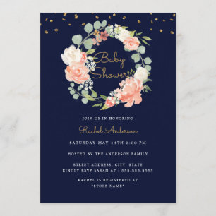 Sparkle Navy Peach Gold Wreath Baby Shower Invitation