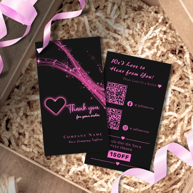 Sparkle Neon Pink Glitter Heart QR Code Thank you Business Card (Creator Uploaded)