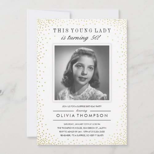 Sparkle Old Photo Surprise Party Invitations - Old photo surprise party invitations with a modern white and gold sparkle design. Customize the wording and upload an old photo of your young birthday woman or man. Change the age to use for any adult birthday party.