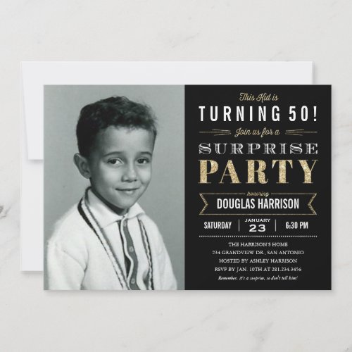 Sparkle Old Picture Surprise Birthday Invitations - Sparkle old picture surprise birthday invitations with a black design. Upload your old photo and personalize the text for your surprise party.