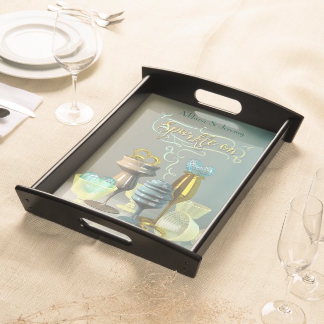 Sparkle On Hearts Stylish Gold Turquoise Glass Serving Tray (Front)