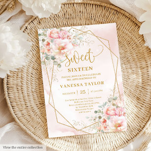 Sparkle Pale Pink Gold Peonies Sweet 16 Invitation