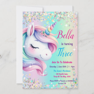 Sparkle Pastel Rainbow Unicorn Birthday Invitation