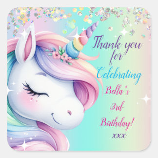 Sparkle Pastel Rainbow Unicorn Birthday Invitation Square Sticker
