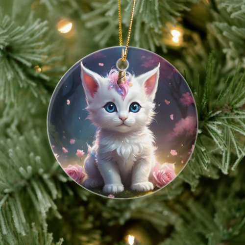 "Sparkle Paws: The Enchanting Unicorn Kitten" Ceramic Ornament