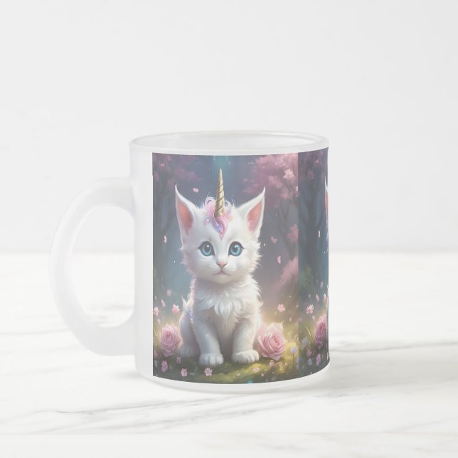"Sparkle Paws: The Enchanting Unicorn Kitten" Frosted Glass Coffee Mug (Left)