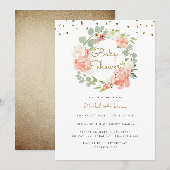 Sparkle Peach Gold Wreath Baby Shower Invitation (Front/Back)