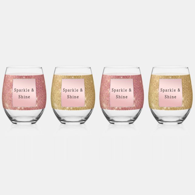 Sparkle Pink and Gold Glam  Stemless Wine Glass (Back)