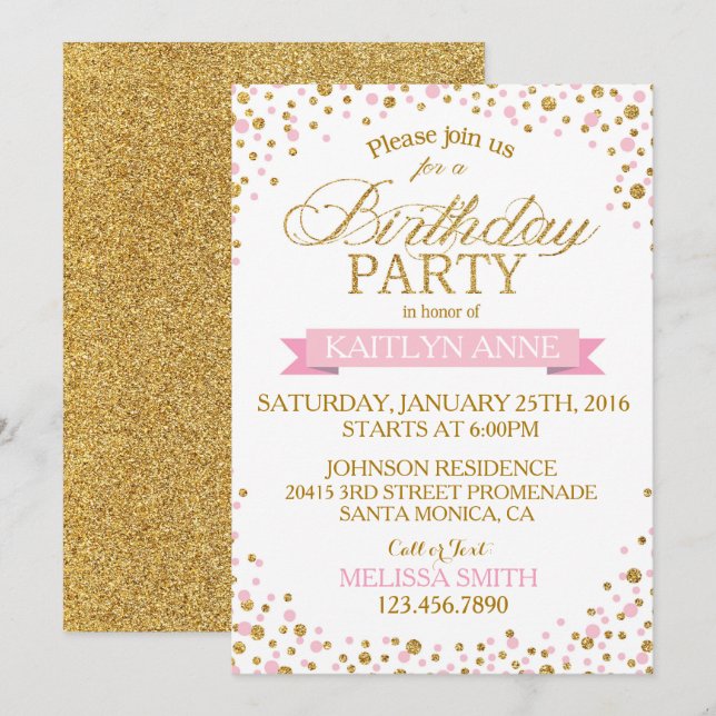 Sparkle Pink and Gold Glitter Dots Birthday Invitation (Front/Back)