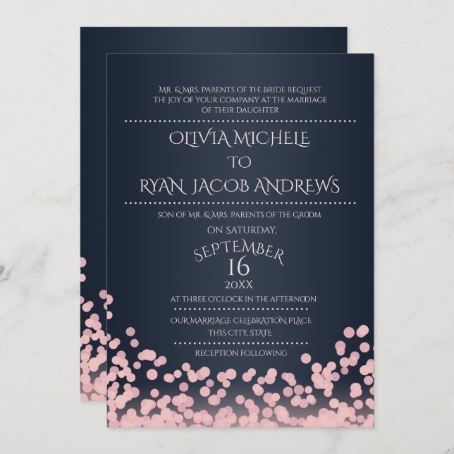 Sparkle Pink and Navy Confetti Gala Wedding Invitation (Front/Back)