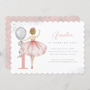 Sparkle Pink Ballerina First Birthday Party Invitation