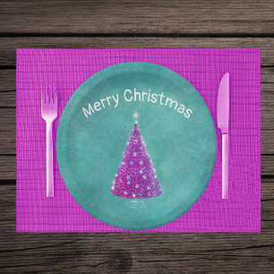 Sparkle pink Christmas Tree Silver Stars on Teal Paper Plates