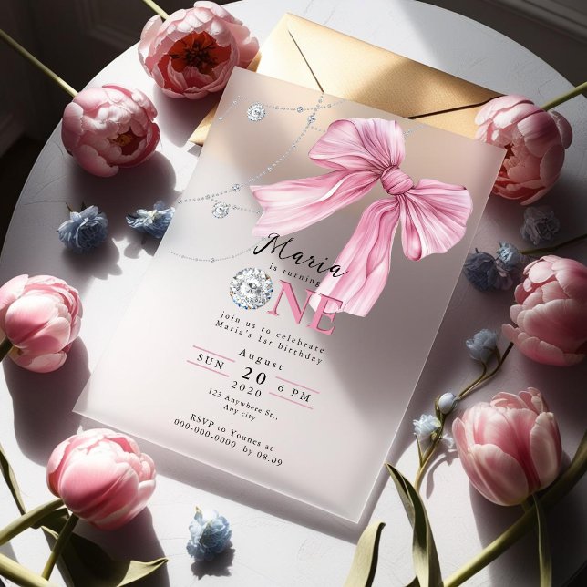 Sparkle Pink Coquette Bow 1st Acrylic Invitations (Creator Uploaded)