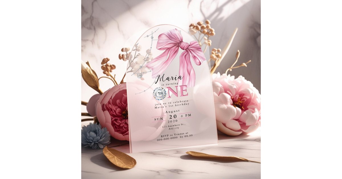 Sparkle Pink Coquette Bow 1st Acrylic Invitations