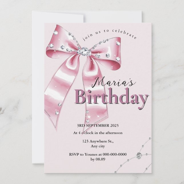 Sparkle Pink Coquette Bow 1st Invitation (Front)