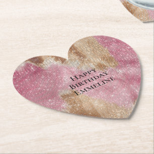Sparkle Pink Cream Gold Cowgirl Cowhide Birthday Paper Coaster