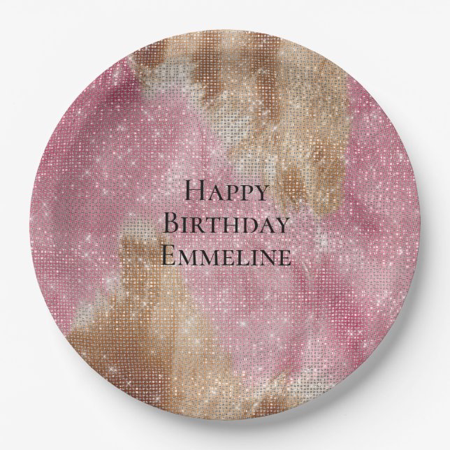Sparkle Pink Cream Gold Cowgirl Cowhide Birthday Paper Plates (Front)
