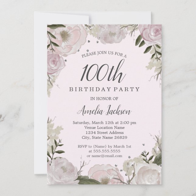 Sparkle Pink Floral 100th Birthday Party Invitation (Front)