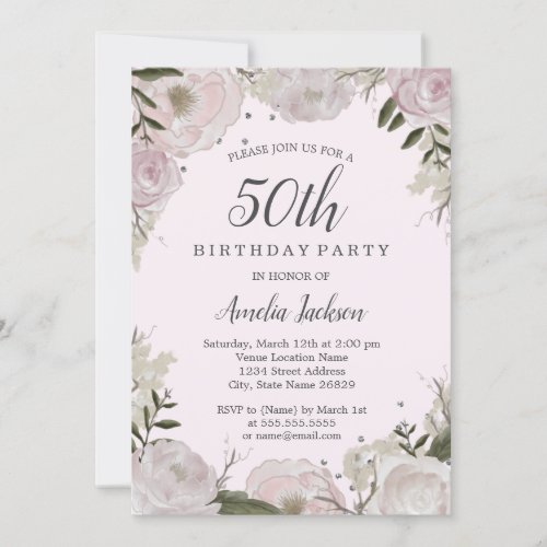 Sparkle Pink Floral 50th Birthday Party Invitation