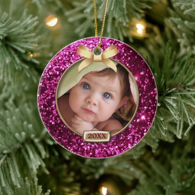 Sparkle Pink/Gold Bow Photo Ceramic Ornament (Tree)