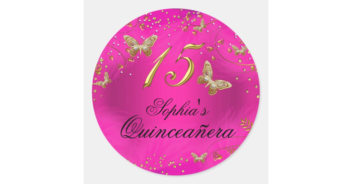 Sparkle Pink & Gold Butterfly Quinceanera Sticker | Zazzle