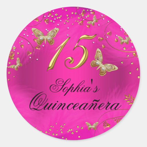 Sparkle Pink & Gold Butterfly Quinceanera Sticker | Zazzle