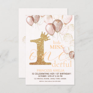 Sparkle Pink Gold Crown Princess First Birthday Invitation