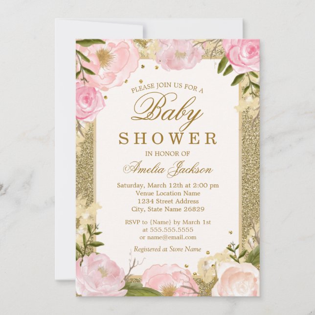 Sparkle Pink Gold Floral Baby Shower Invitation (Front)