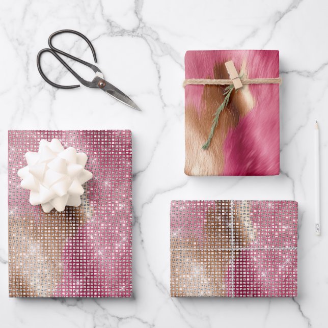 Sparkle Pink Gold Southwest Faux Cowhide Birthday Wrapping Paper Sheets (Front)