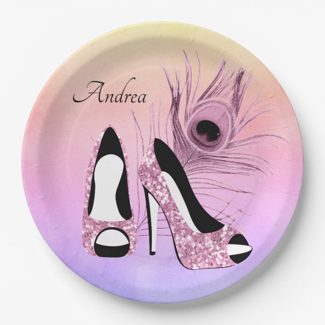 Sparkle Pink Pumps Fancy Personalized Paper Plates (Front)